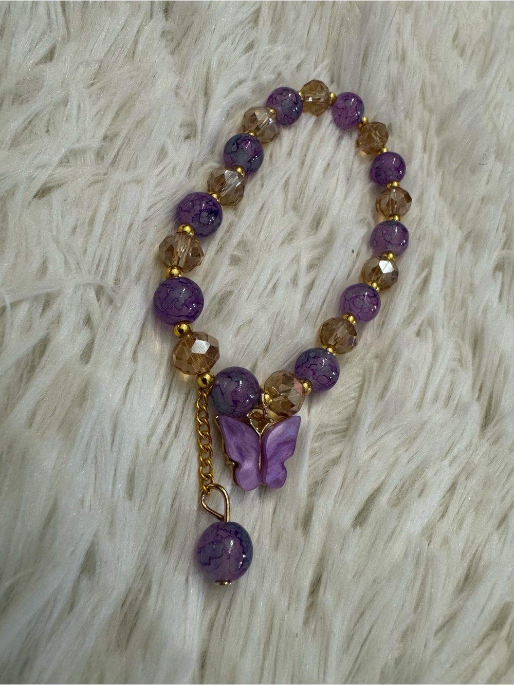 Purple Butterfly Bead Stretch Bracelet with Gold Accents - Women Jewelry